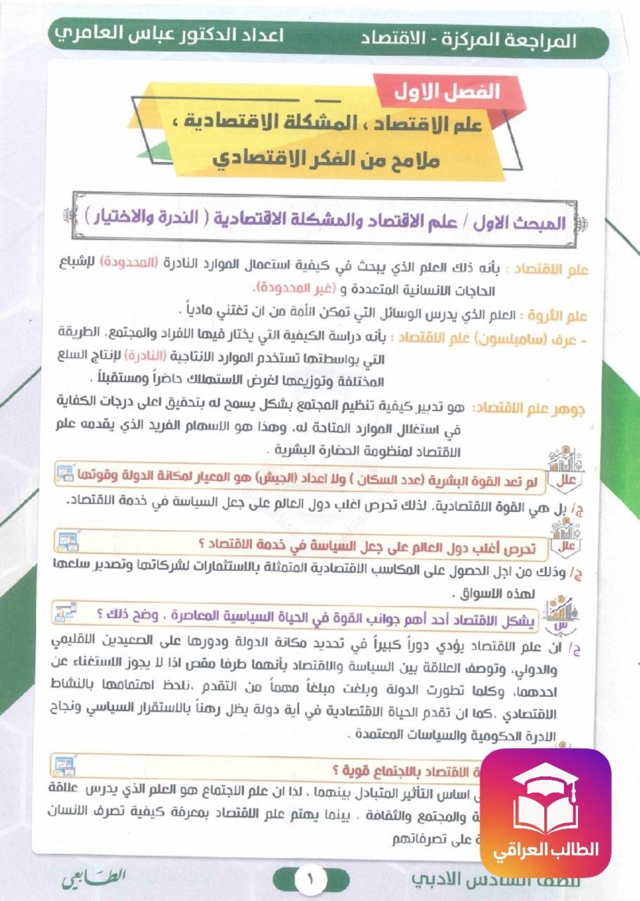 ملزمة عباس العامري مراجعة مركزة اقتصاد السادس الادبي – 2026 PDF